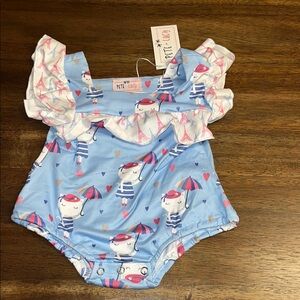 New Pete+Lucy Blue and White Baby Romper with Paris Print -cat 3-6m
